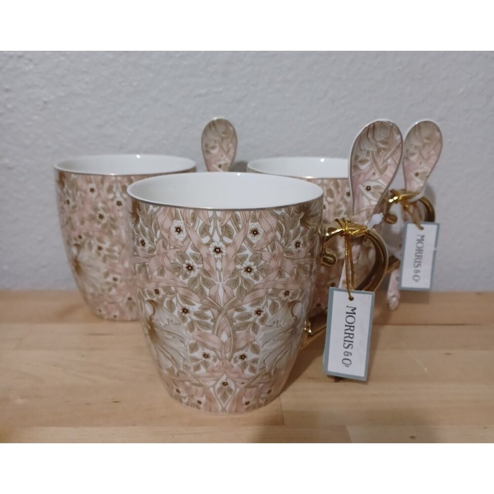 3 NWT Morris & Co. MUG Poppy FLORAL FINE PORCELAIN TAN PEACH FLORAL WITH SPOON